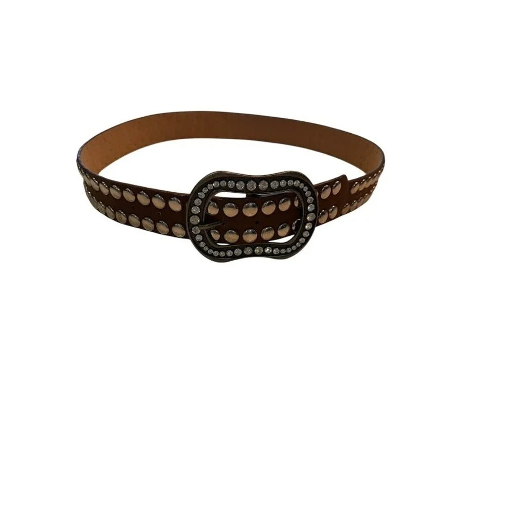 Womens Brown Western Studded Belt Rhinestone Buckle Silver Studs Faux Leather